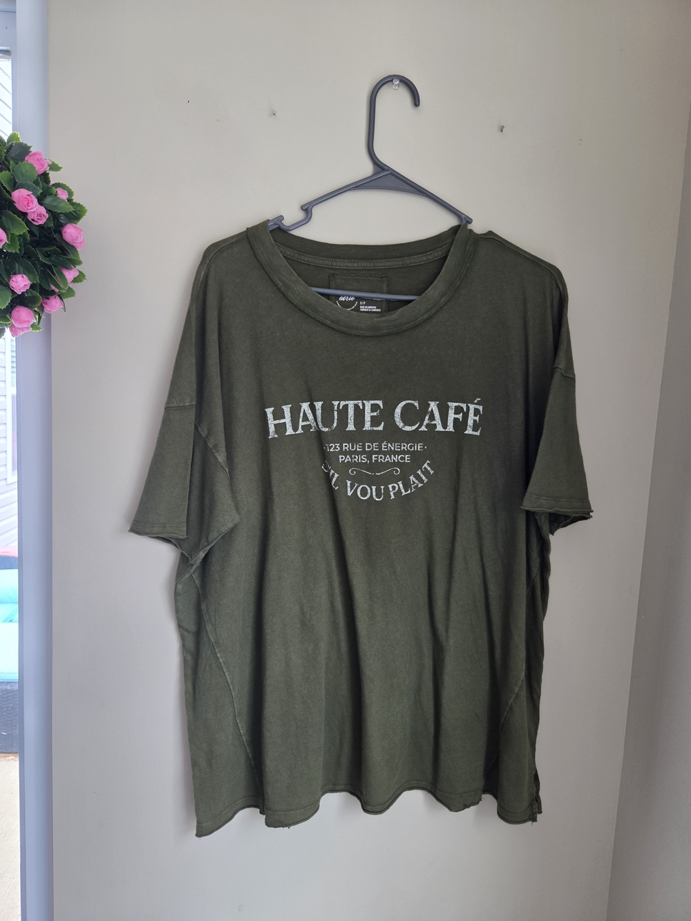 Olive Green Graphic Tee Aerie Oversized Small Haute Cafe New Large
